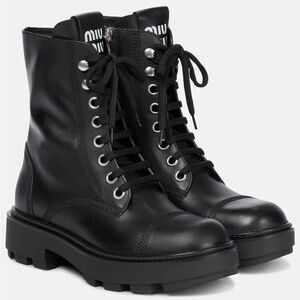 NIB Miu Miu Black Leather Lace Up Combat Boots Size EU 37.5 US 7.5